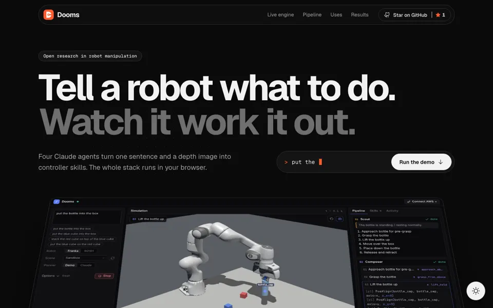 Dooms Inference website: a robot arm studio running in the browser